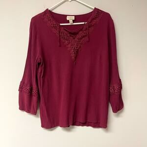 St.Johns Bay Womens Peasant Boho Large Blouse Embroidered Burgandy V-Neck